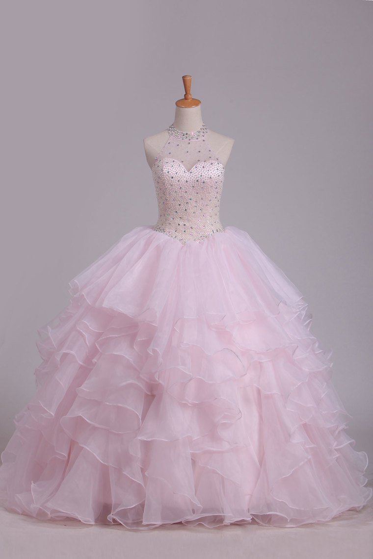 Halter Ball Gown Beaded Bodice Open Back Quinceanera Dresses Organza Floor Length