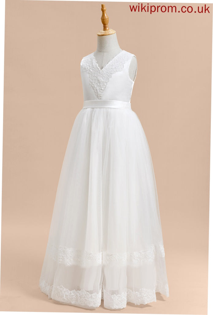 - Ball-Gown/Princess Flower Girl Dresses With Floor-length Lace/Bow(s) Sleeveless Lillie Tulle Flower V-neck Girl Dress