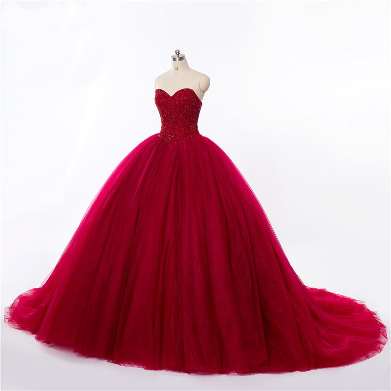 New Style Red Tulle Lace up Sweetheart Strapless Beads Ball Gown Prom Quinceanera Dress WK512