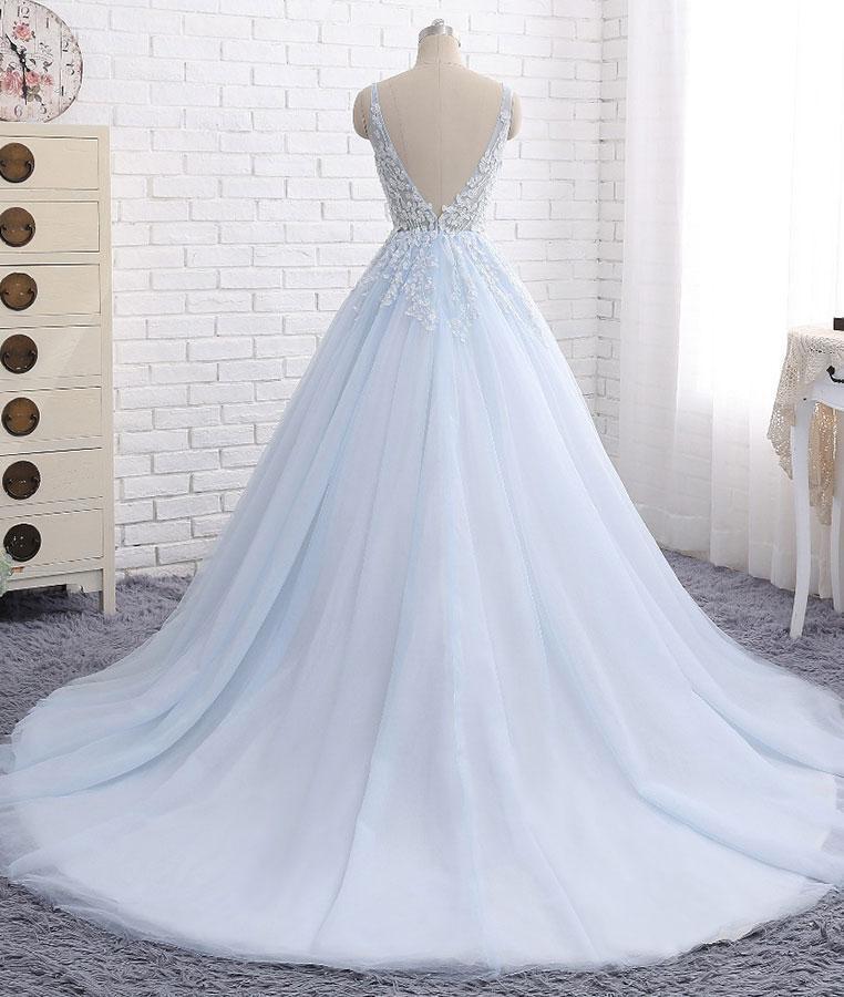 Sexy Ball Gown Tulle Sky Blue V-neck Appliques Brush Train Long Sleeveless Prom Dresses WK505