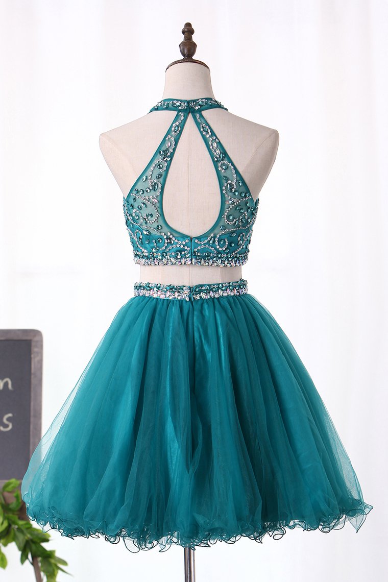 Halter Homecoming Dresses Two-Piece Beaded Bodice Tulle Short