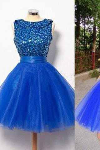 Royal Blue Short Tulle Sleeveless Prom Dress A-line Prom Dresses prom dress for girls BD1242