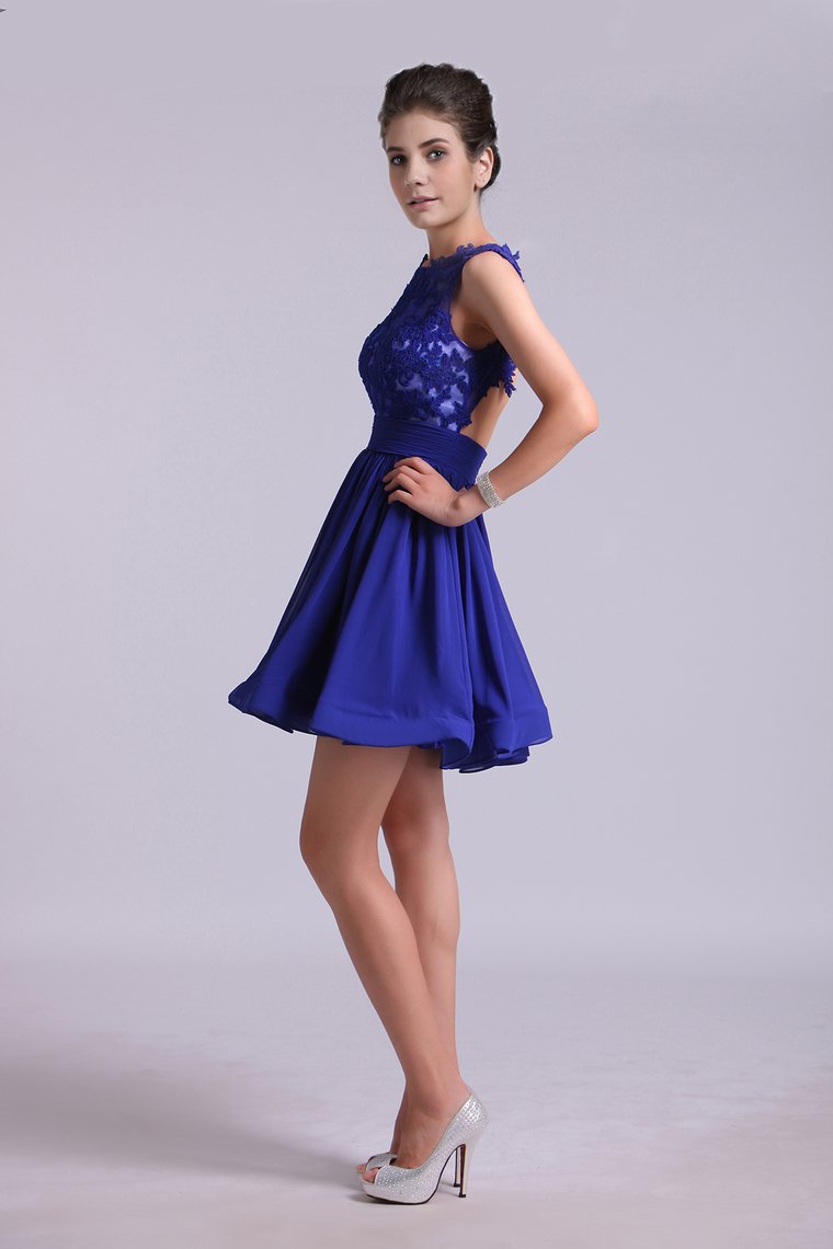 Hot Selling Homecoming Dresses Scoop A-Line Short/Mini Chiffon Dark Royal Blue