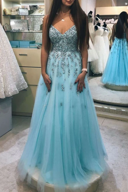 A-Line V-Neck Beaded Prom Dresses Floor Length Prom Gowns