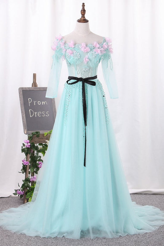 New Arrival A Line Boat Neck Tulle Prom Dresses With Handmade Flowers And Beads