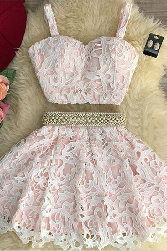 Two-Piece A Line Lace Homecoming Dresses Spaghetti Straps Beaded Waistline