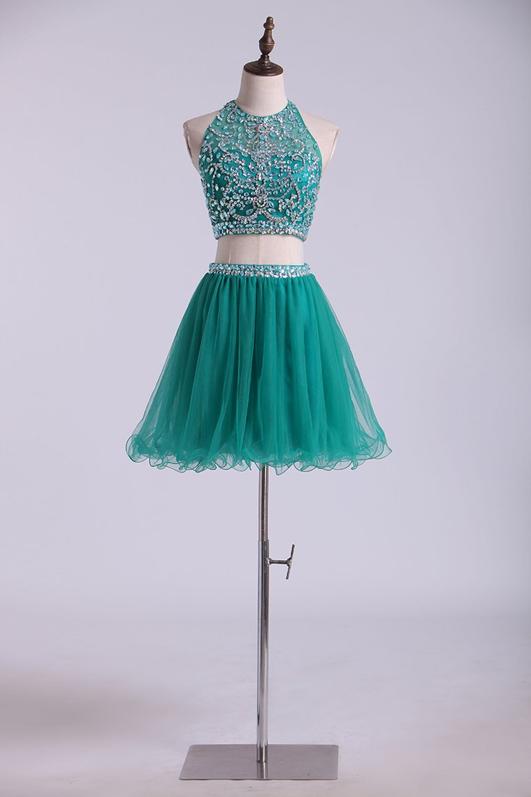 Halter Homecoming Dresses Two-Piece Short Beaded Bodice Tulle