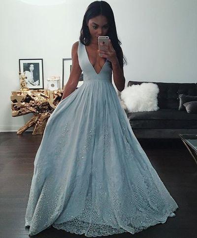 Sky Blue Sleeveless V-neck Long Prom Dresses Uk BD0405