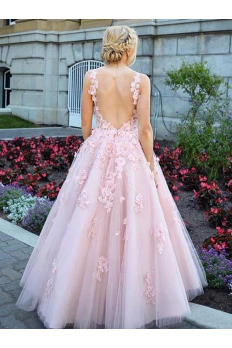 Elegant Ball Gown Prom Dresses With Appliques V Neck Floor Length