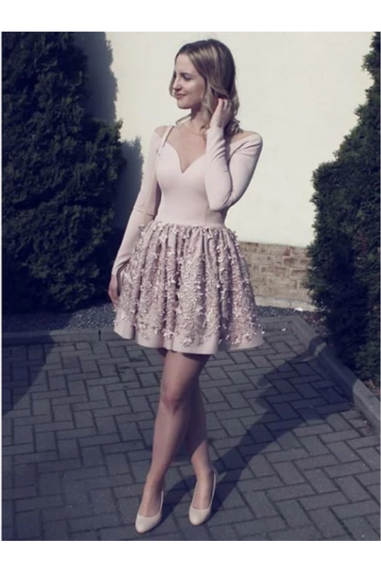 A-Line Nude Long Sleeve Short Homecoming Party Dress With Flowers