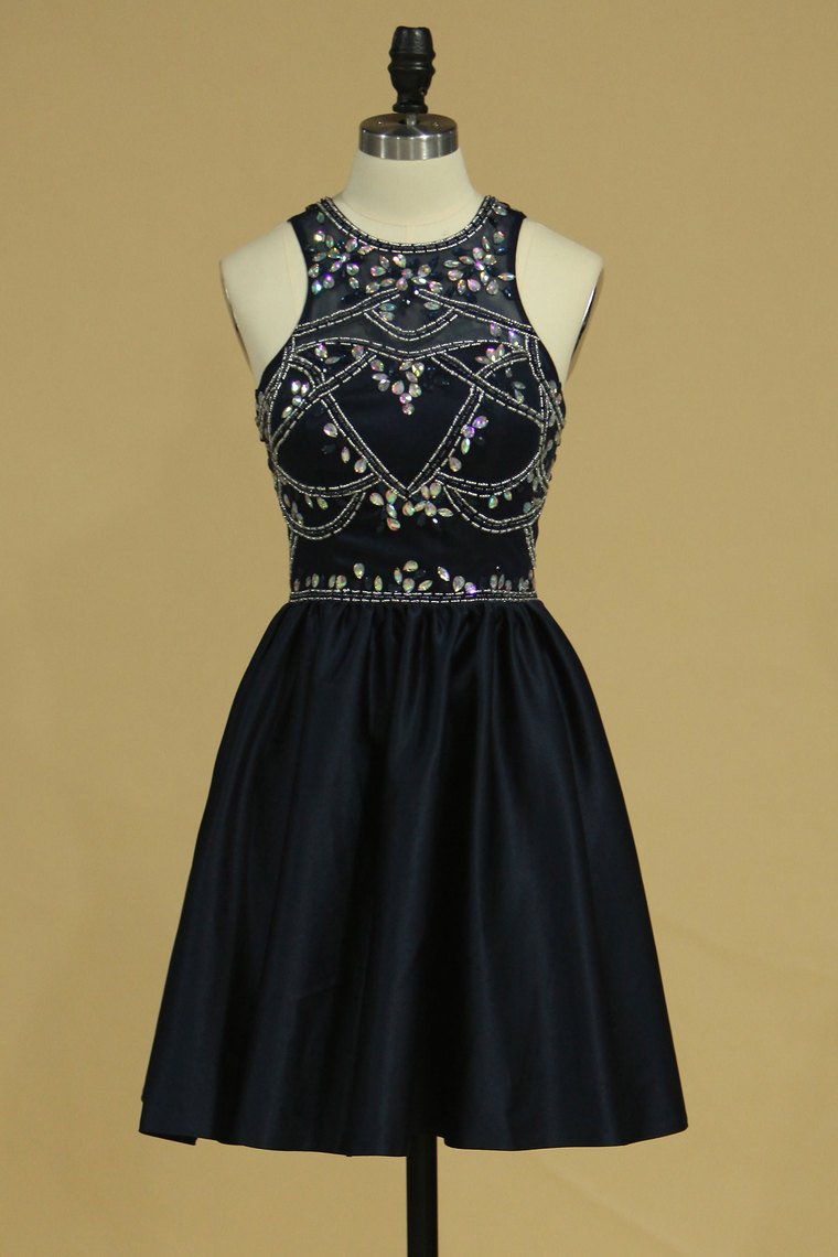 Short/Mini Scoop Satin With Beading A Line Homecoming Dresses