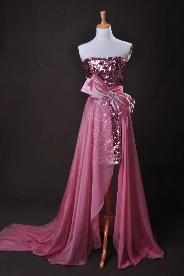 Pink  Sheath/Column Strapless Asymmetrical Chiffon Lace Cz