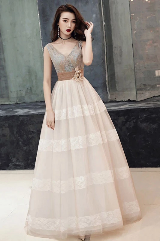 Unique V Neck Tulle Lace Long Prom Dress Tulle V Back Evening Dress With Train