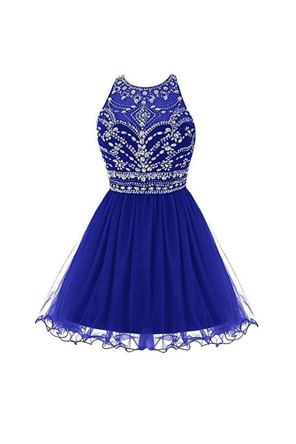 Royal Bule Tulle Short Bateau Homecoming Dresses H23