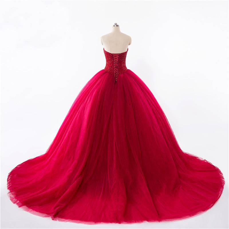 New Style Red Tulle Lace up Sweetheart Strapless Beads Ball Gown Prom Quinceanera Dress WK512