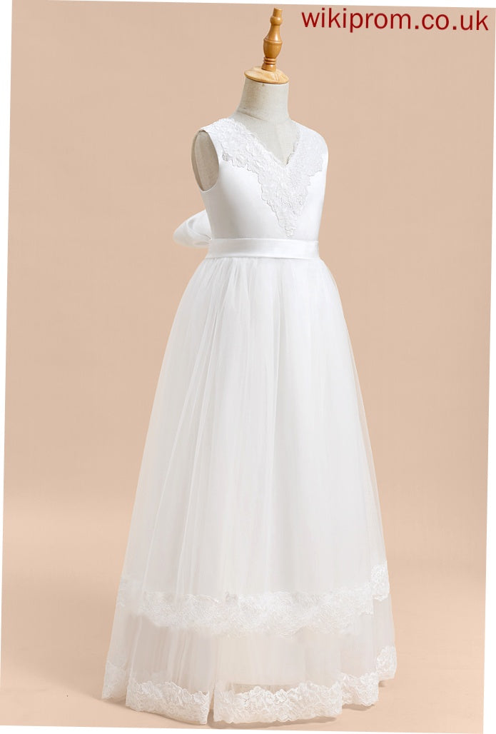 - Ball-Gown/Princess Flower Girl Dresses With Floor-length Lace/Bow(s) Sleeveless Lillie Tulle Flower V-neck Girl Dress