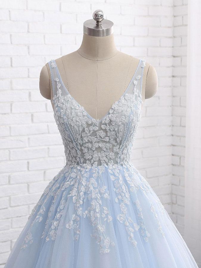 Sexy Ball Gown Tulle Sky Blue V-neck Appliques Brush Train Long Sleeveless Prom Dresses WK505