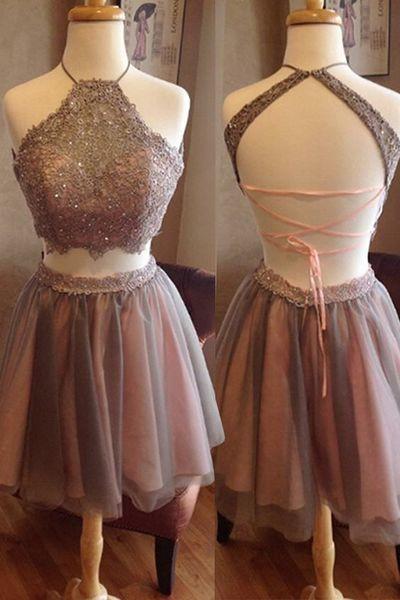 Short Two Pieces Open Back High Neck Sleeveless Homecoming Dress Graduation Dress WK359