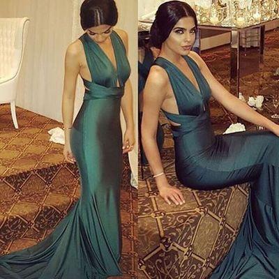 Sexy Dark Green Deep V-Neck Mermaid Backless Prom Dresses WK552