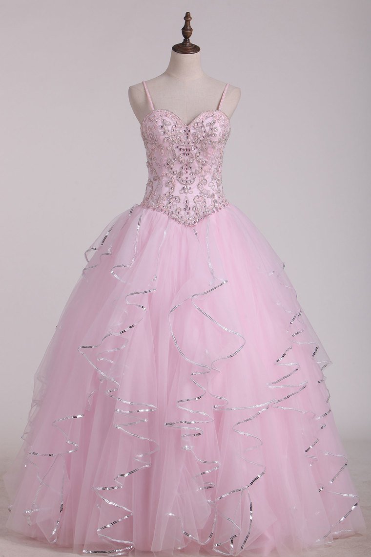 Spaghetti Strap Beaded Bodice Quinceanera Dresses Sweep Train Tulle