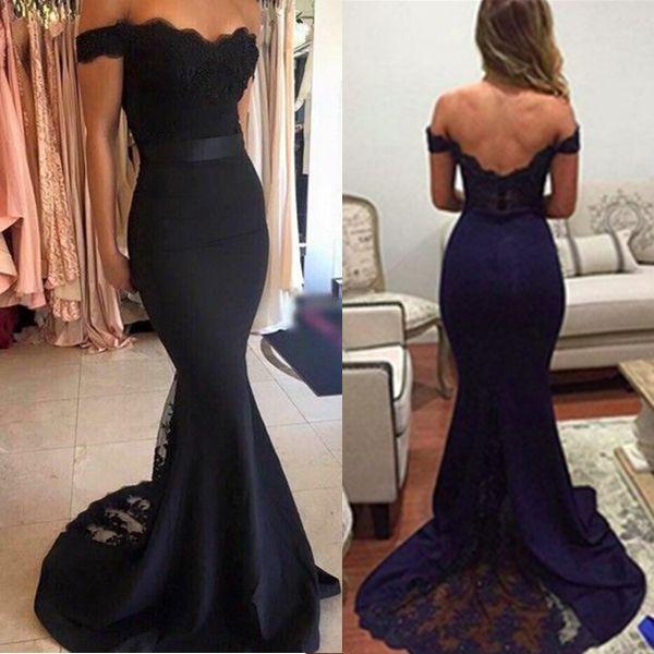 Mermaid Off-the-Shoulder Sweep Train Navy Blue Appliques Satin Prom Dresses WK404