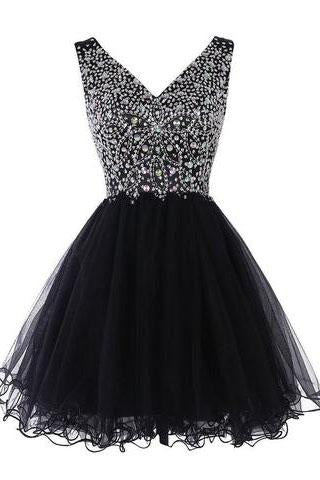 Sparkly Classy Short Sleeveless Cute V-Neck Beaded Tulle Crystals Homecoming Dresses WK772