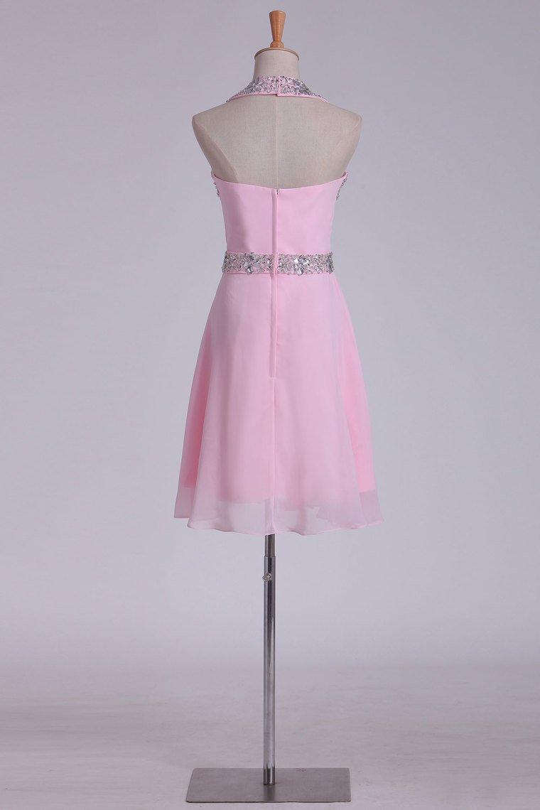 Short/Mini Halter Homecoming Dresses Chiffon With Beading A Line