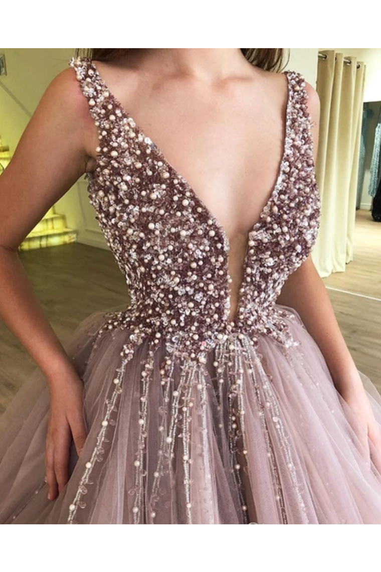 Beaded Tulle Deep Illusion V Neck Ball Gown Prom Dress Floor Length