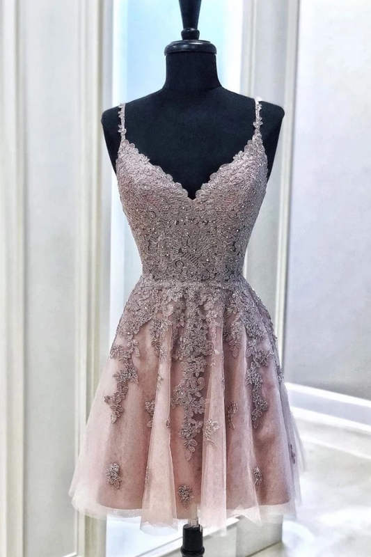 Tulle Appliques Spaghetti Straps Short Prom Dress, Mini Party Dress