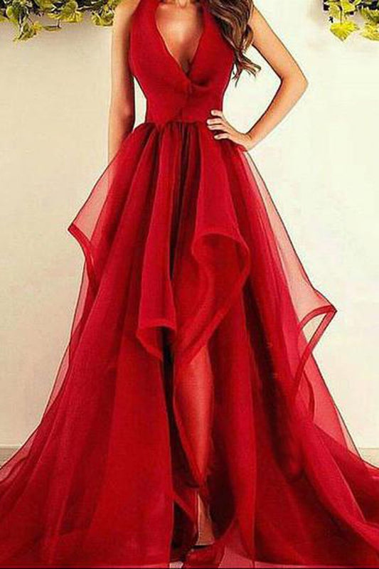 Sexy Burgundy Long Prom Dresses Asymmetrical Ruffles Evening Dress