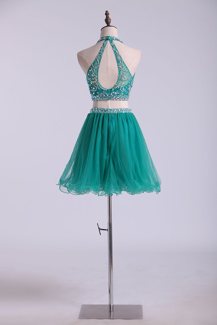 Halter Homecoming Dresses Two-Piece Short Beaded Bodice Tulle