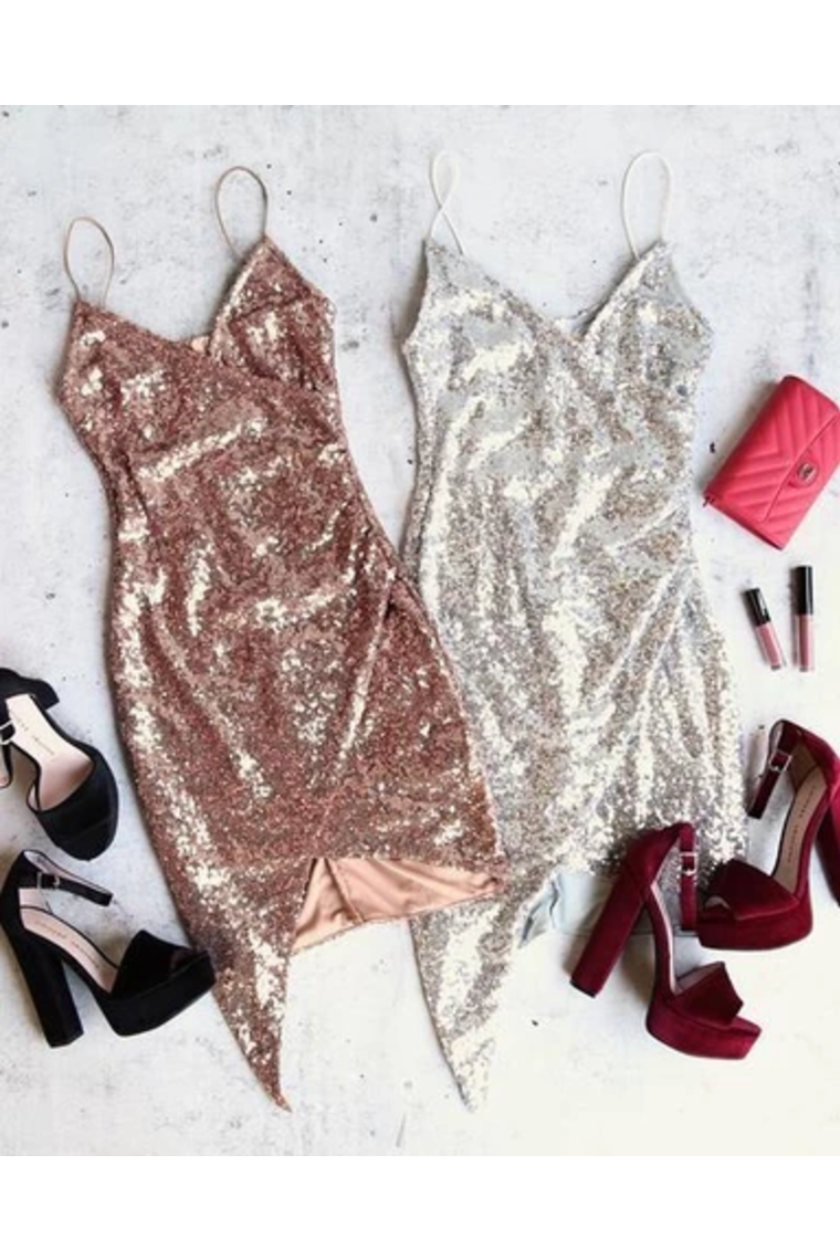 Sexy V Neck Spaghetti Straps Sequins Mini Party Homecoming Dresses