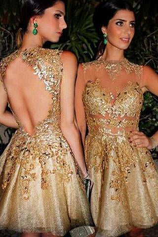 Gorgeous A-line Scoop Gold Short Homecoming Dress with Open Back WK435