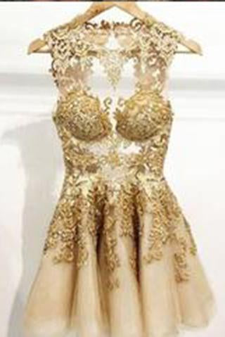 Gorgeous A-line Scoop Gold Short Homecoming Dress with Open Back WK435