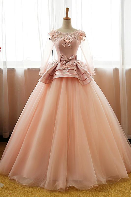 Vintage Pink Flower Long Sleeves Puffy Tulle Long Quinceanera Dress Prom Dresses WK428