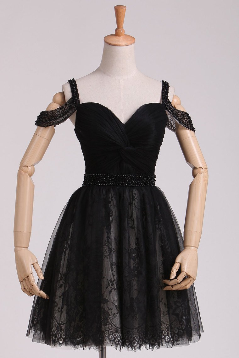 Black Straps A Line Homecoming Dresses Lace With Ruffles & Beads