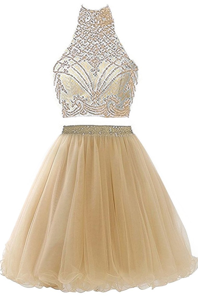 High Neck Open Back Tulle With Beading Homecoming Dresses A Line