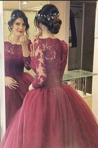 Cheap Burgundy 2024 Lace Three Quarter Sleeve Ball Gown Elegant Long Prom Dresses WK670