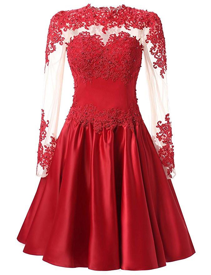 A Line Long Sleeves With Applique Knee-Length High Neck Homecoming Dresses WK326