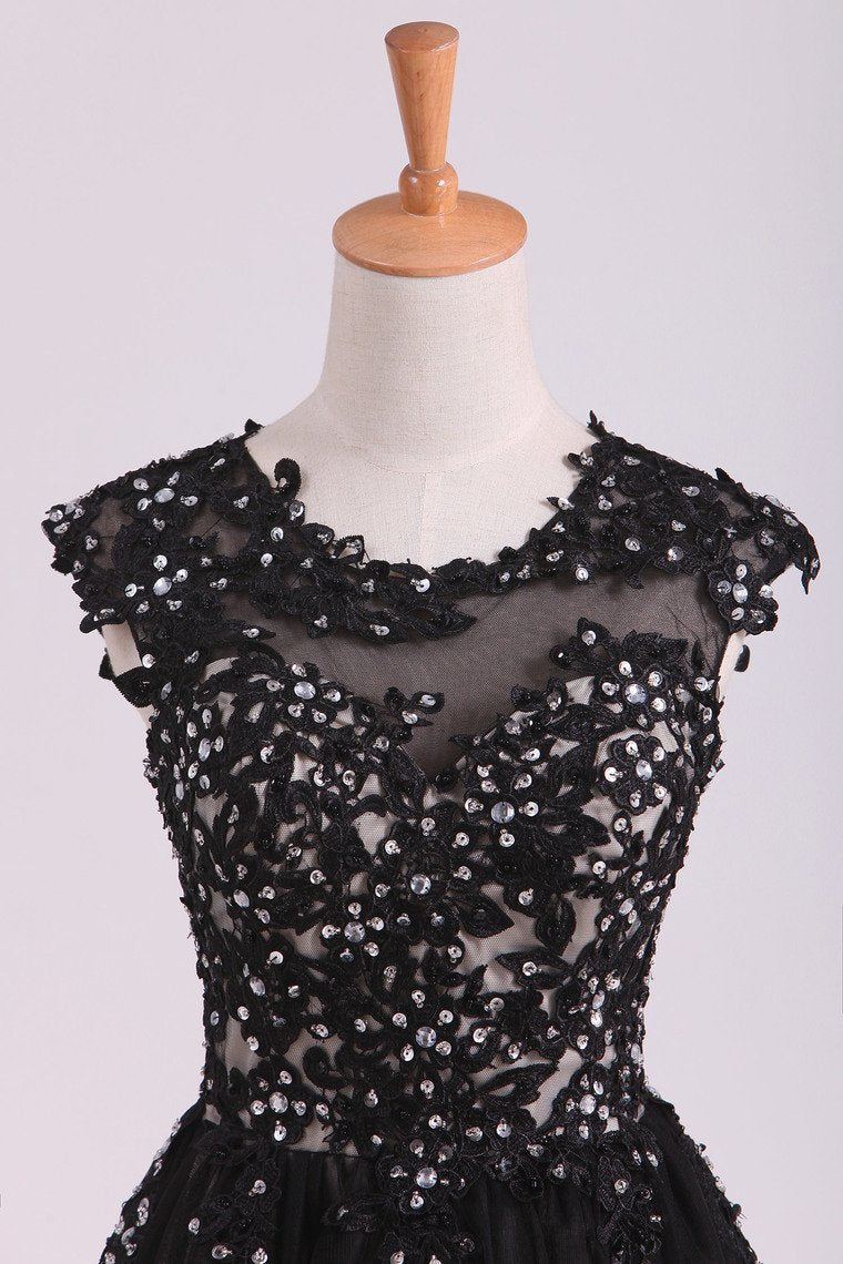 Black Scoop Short/Mini Homecoming Dresses A Line Tulle With Applique And Beading