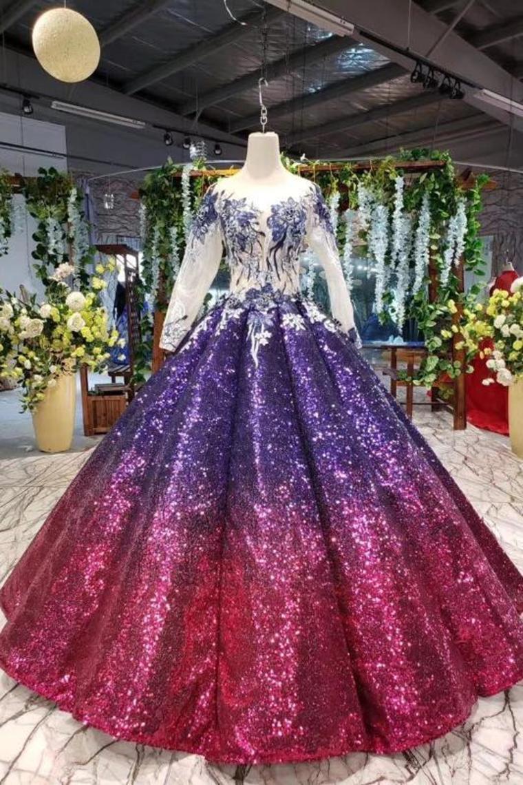 Ball Gown Long Sleeves Sequins Scoop Prom Dress, Puffy Quinceanera Dress Appliques