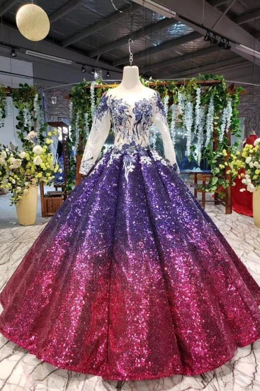 Ball Gown Long Sleeves Sequins Scoop Prom Dress, Puffy Quinceanera Dress Appliques