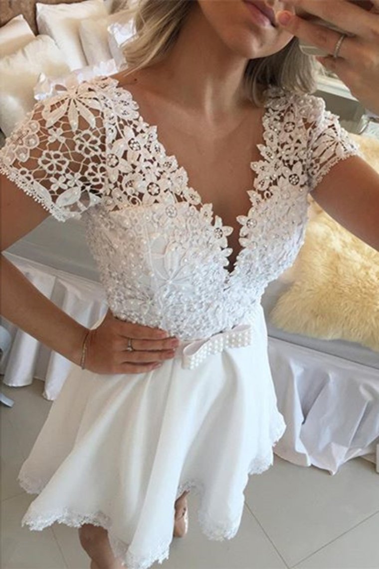 Chiffon V Neck Short Sleeves With Applique A Line Homecoming Dresses