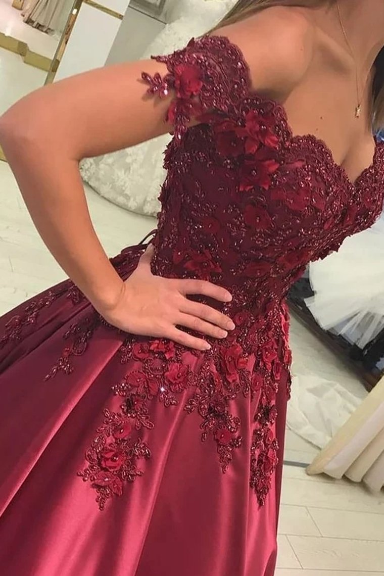 Burgundy Prom Dress Satin Ball Gown Off-The-Shoulder With Applique