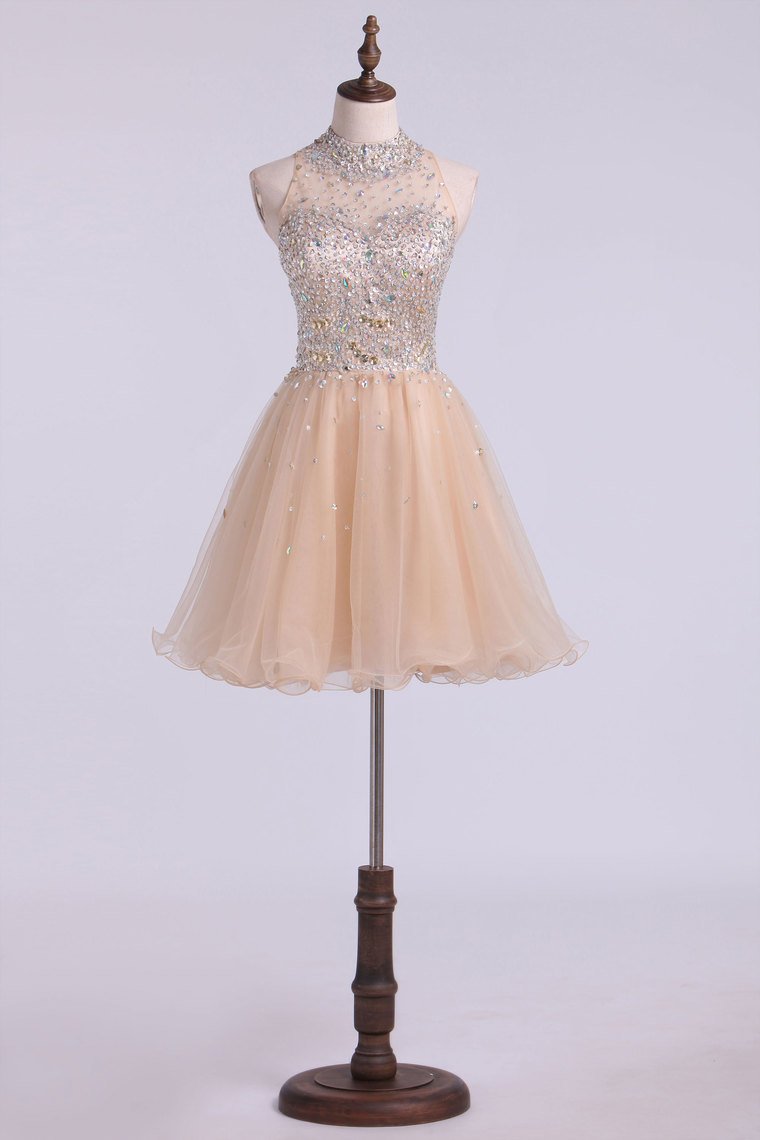 High Neck Homecoming Dresses A-Line Short Beaded Bodice Tulle