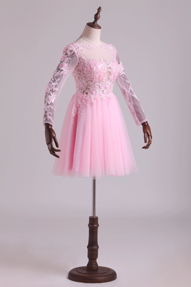 Bateau Homecoming Dresses A Line With Embroidery & Beads Tulle Mini