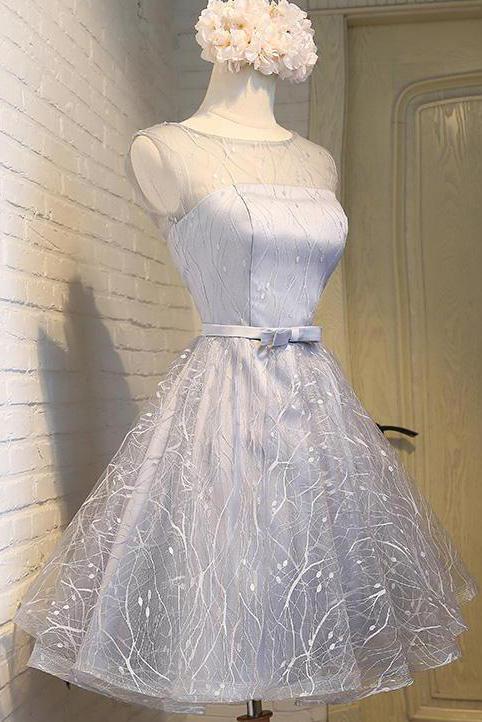 Cute Silver A Line See Through Scoop Organza Top Cheap Lace up Homecoming Dresses WK866