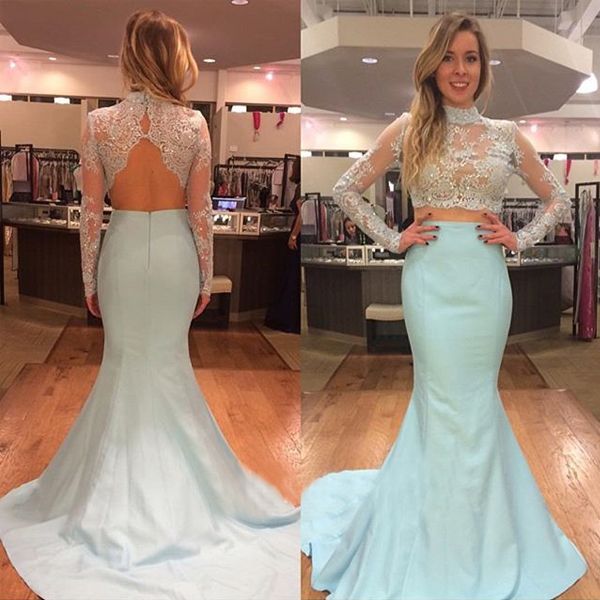 Pretty Two Pieces High Neck Long Sleeve Lace Prom Dress Sexy Mermaid Prom Dresses WK682