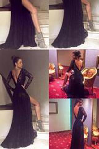 Black Long Sleeves Lace Side Split Sexy V Back Long Prom Dress WK0003