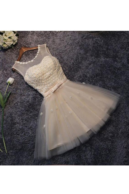 Homecoming Dresses A Line Scoop Tulle With Handmade Flowers Short/Mini